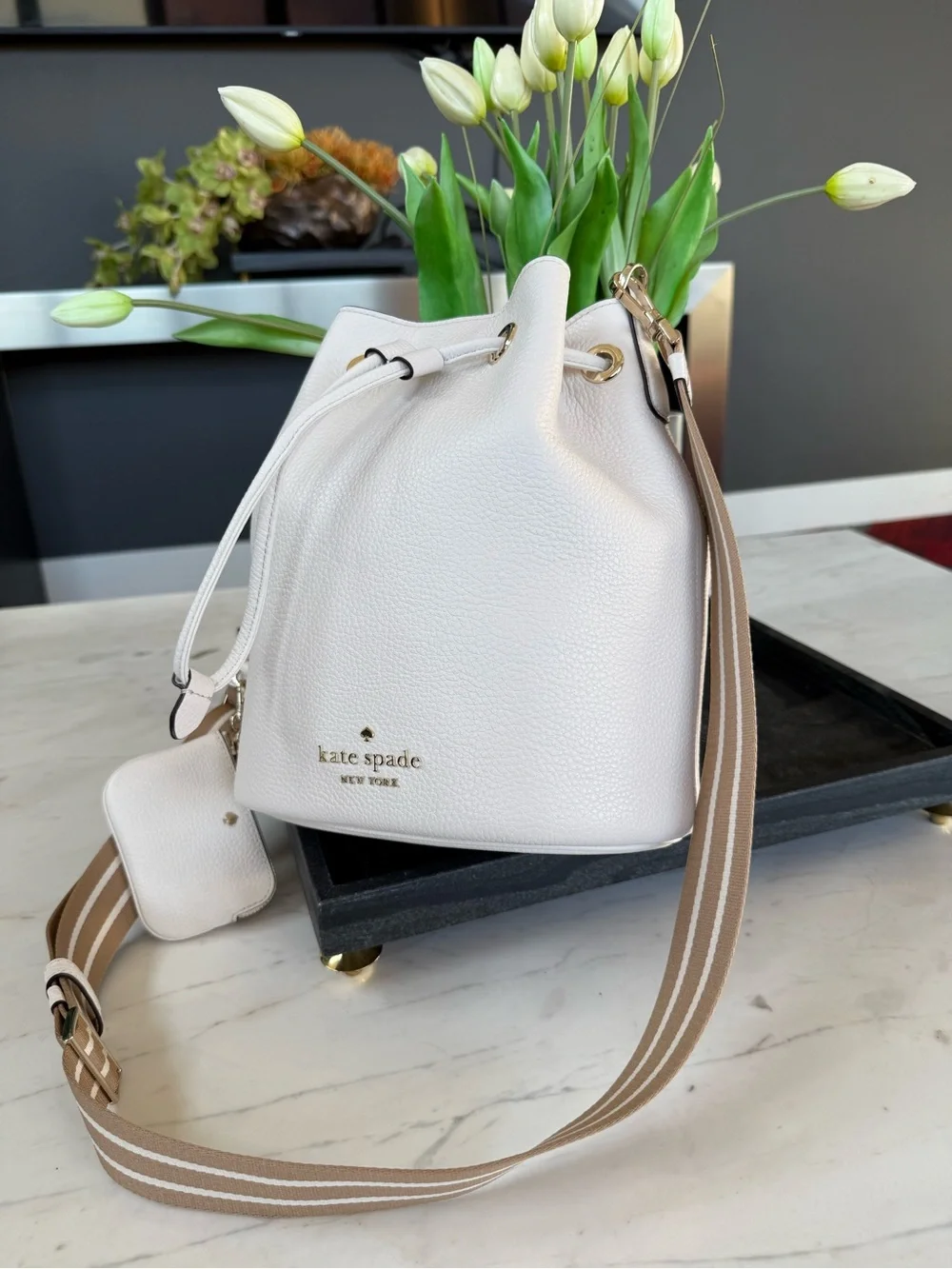 New Kate Spade Rosie Leather Large Bucket Bag Parchment